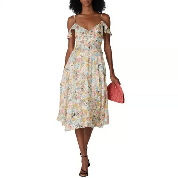 Rachel Roy White Floral Cold Shoulder Chiffon Midi Dress Women's Size 0 - Picture 1 of 7